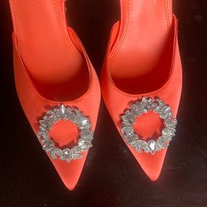 BOG COLLECTIVE - Orange Satin Rhinestone pumps sz 7